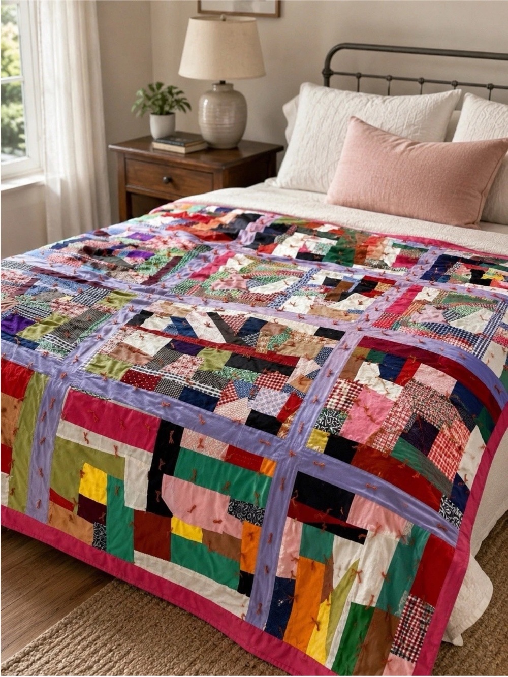 Vintage Patchwork Scrap Crazy Quilt Handmade Hand Tied 1960s 88x57